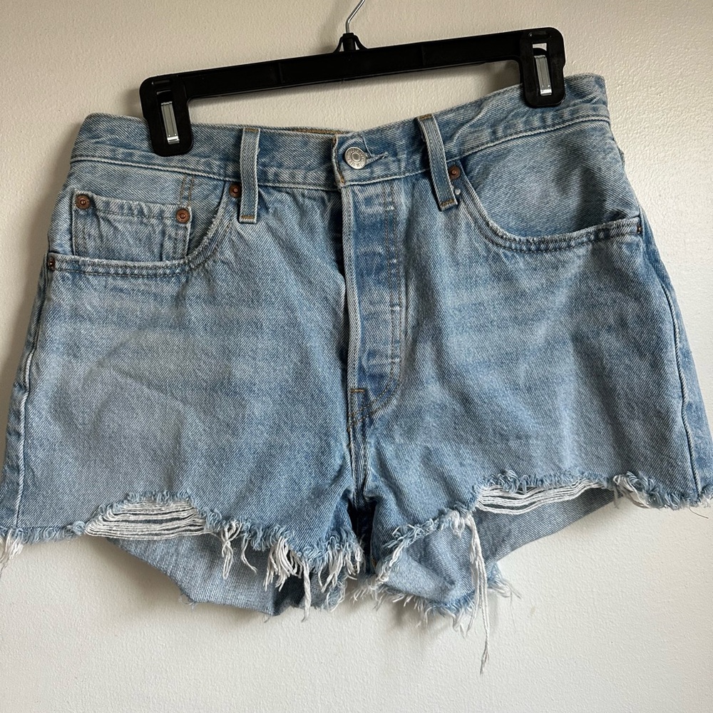 Levi's Light Blue Distressed Jean Shorts - Picture 1 of 2